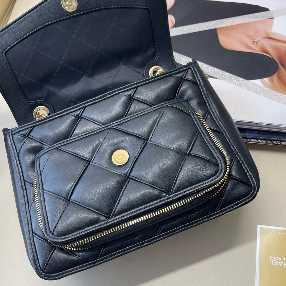 (new+card) Michael Kors Regina flap shoulder bag crossbody black leather quilted - Picture 5 of 16